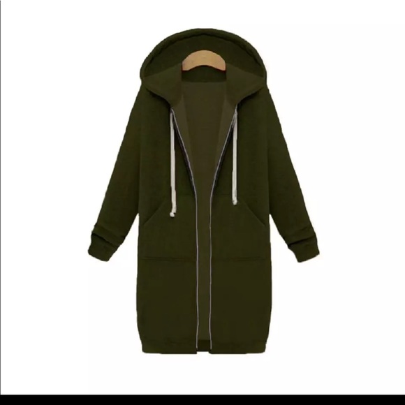 1 Left!  Olive Green Long Maxi Hoodie ZIP Sweater - Picture 4 of 8